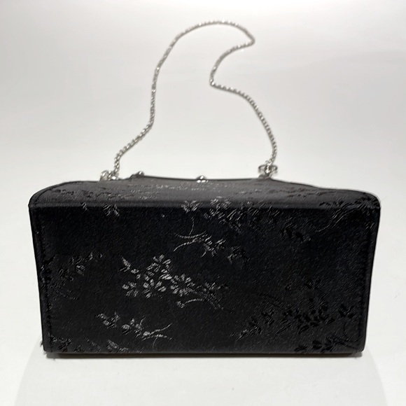 (2/$30) Black cocktail purse with black floral + silver tone chain strap/closure - Picture 4 of 6